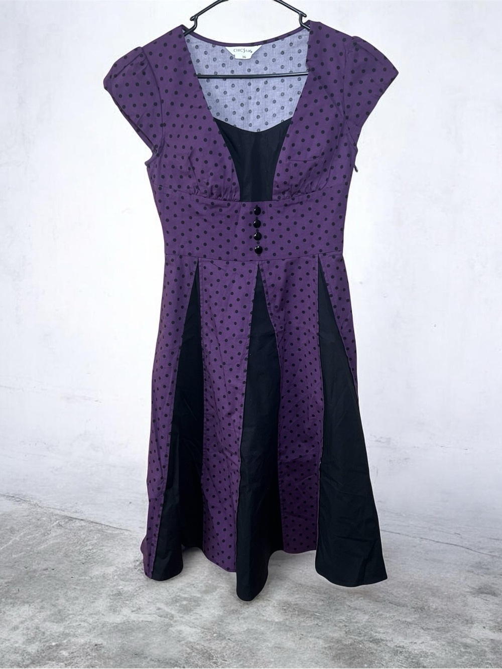 CHIC Star Purple Black Polka Dot Fit & Flare Rockabilly Pinup Dress Size 36